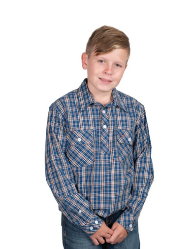 Just Country Boy's Brayden 1/2 Button L.S Work Shirt - Cobalt/Rust Plaid