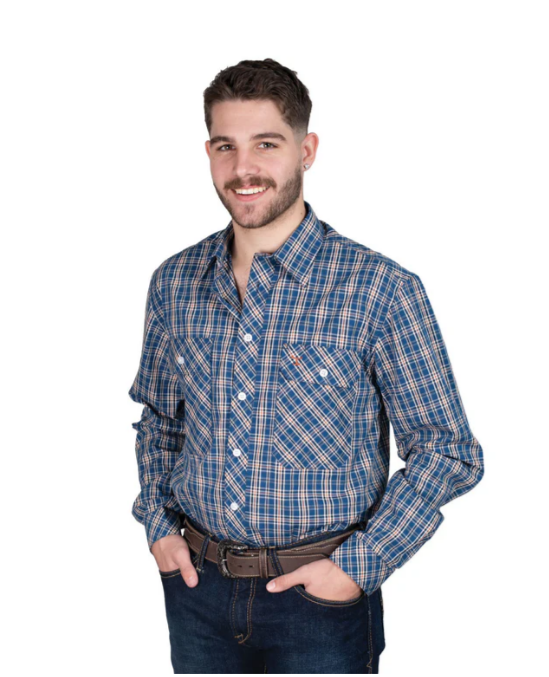 Just Country Men's Austin Full Button L.S Work Shirt - Cobalt/Rust Plaid