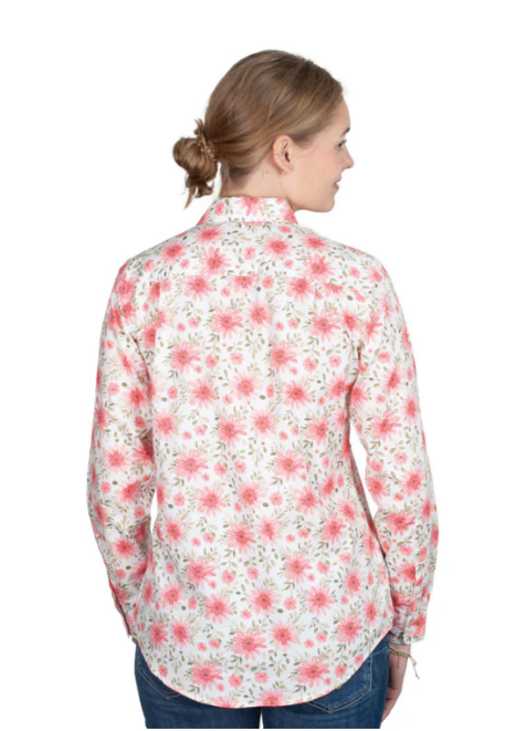 Just Country Ladies Georgie 1/2 Button L.S Work Shirt - White Gerberas/Rose