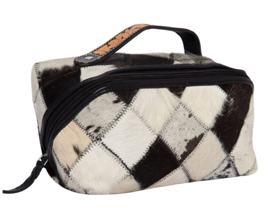 Patchwork Cowhide and Tooling Leather Cosmetics Bag
