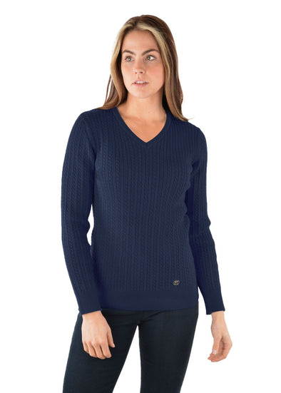 Thomas Cook Ladies Cable V Neck Knit Jumper - Navy