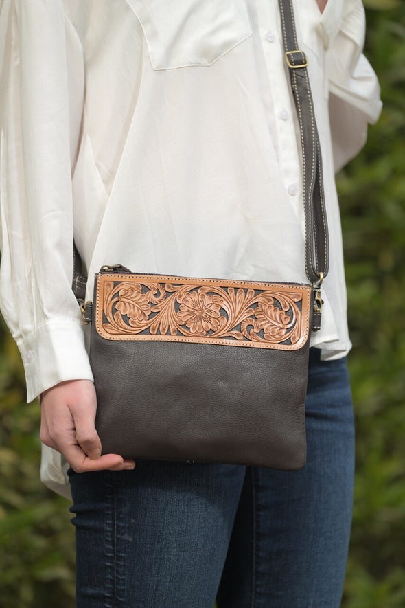 Hand Carved Tooling Leather Clutch/Crossbody Bag
