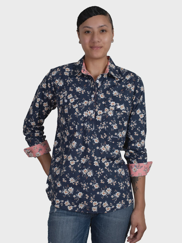 Just Country Georgie Half Button Floral Print Workshirt - Navy Magnolia