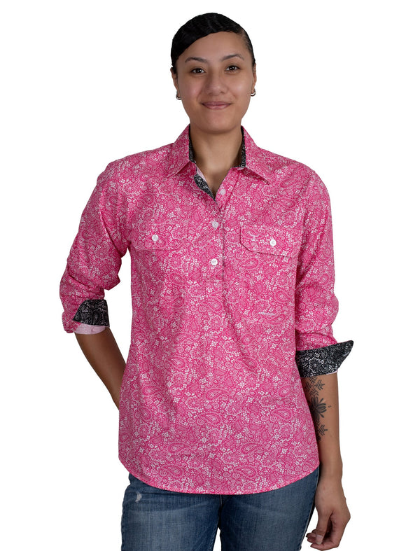 Ladies Just Country Georgie Half Button Workshirt - Pink Paisley