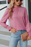 Ladies Solid Frill Neck Puff Long Sleeve Top - Pink