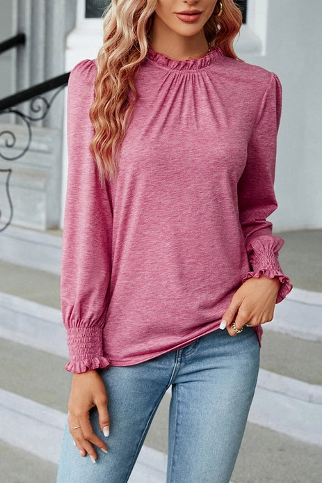 Ladies Solid Frill Neck Puff Long Sleeve Top - Pink