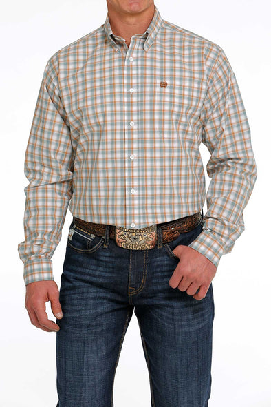 Cinch Men's Plaid Button Down L.S Shirt - White/Teal/Tan