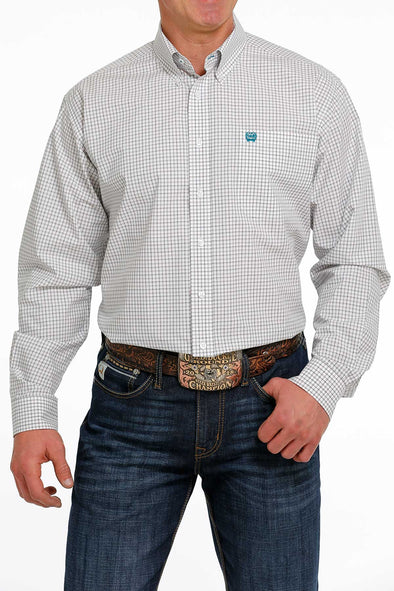 Cinch Men's Plaid Button Down L.S Shirt - White/Teal/Grey
