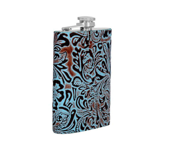 Mountain Trail 8oz Flask - Hand - Tooled Leather