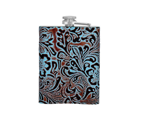 Mountain Trail 8oz Flask - Hand - Tooled Leather