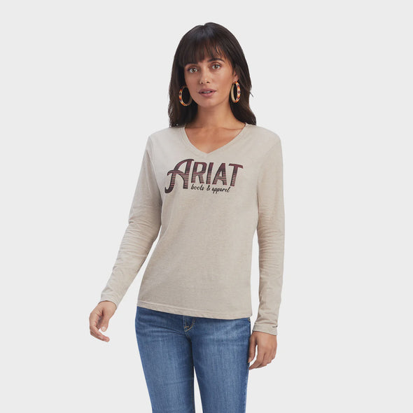 Ariat Ladies Real Chest Logo Relaxed L.S T-Shirt - Oatmeal Heather