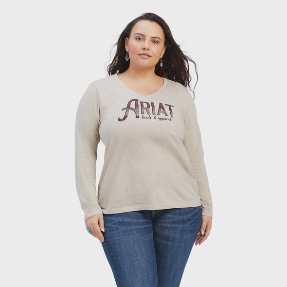 Ariat Curvy Ladies Real Chest Logo Relaxed L.S T-Shirt - Oatmeal Heather