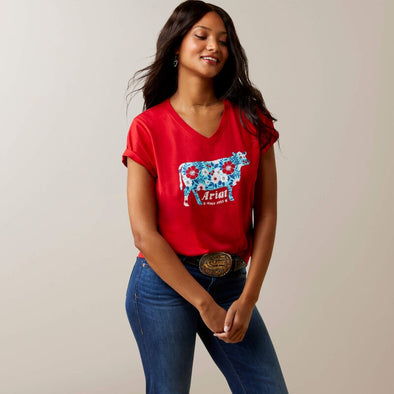 Ariat Ladies Flower Cow SS Tee - Equestrian Red