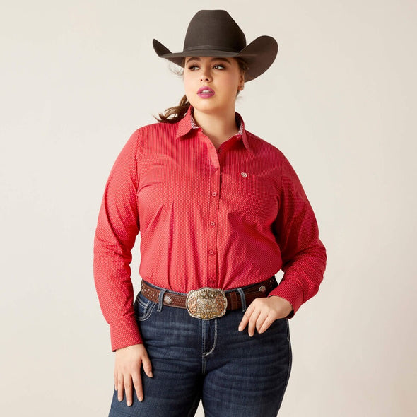 Ariat Ladies Curvy Fit Wrinkle Resistant Kirby Stretch LS Shirt - Cardinal Dot