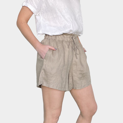 Ladies Linen Elastic Waist Shorts - Natural