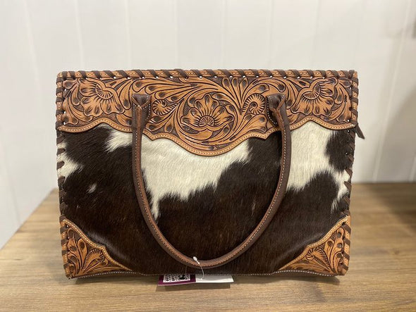 Dolly Tooled and Hide Handbag - Brown & White