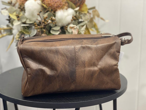 Chocolate Brown Leather Toiletries Bag