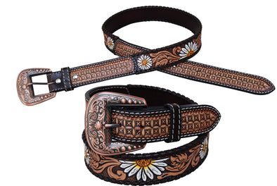 Rafter T Ranch Daisy Tooled Brown Whipstitch Belt