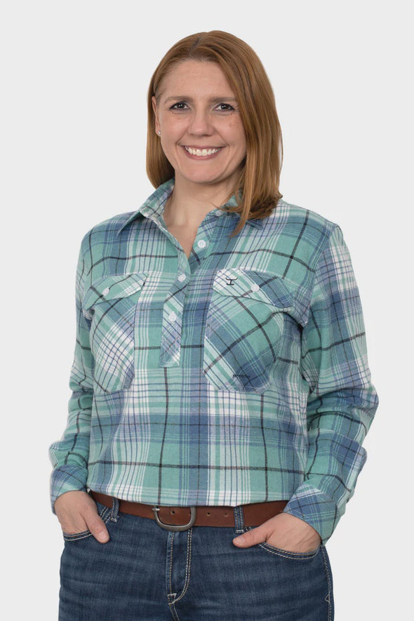 Just Country Jahna Workshirt Flannel 1/2 Button- Sage/Blue