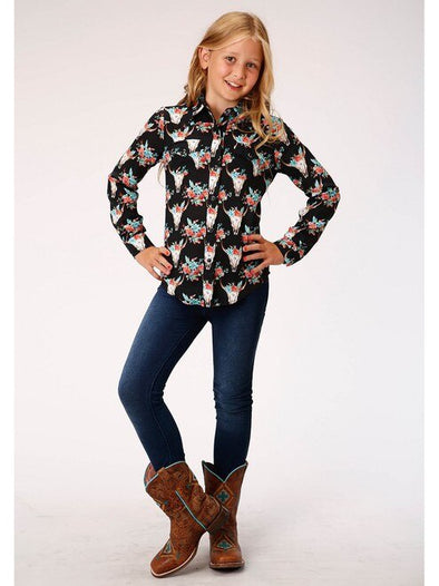 Roper Girls Black Floral Steer Head L/S Shirt