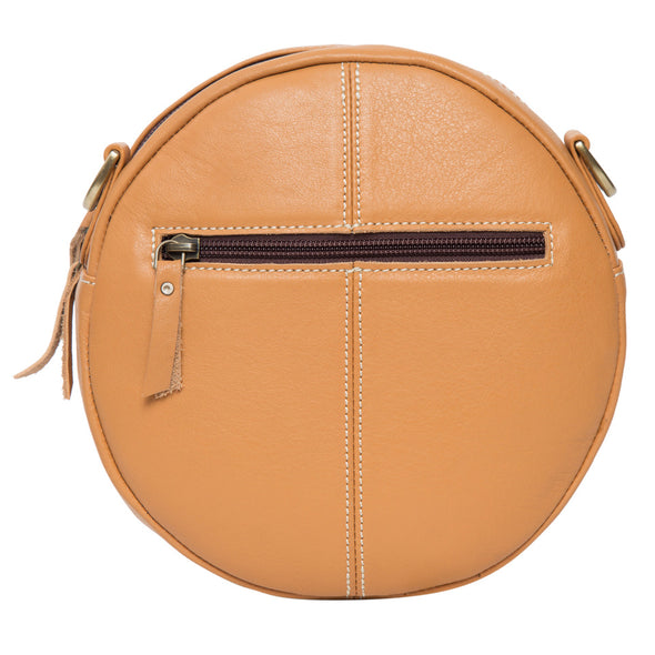 Cassidy Tan and White Hide Tooled Round Bag