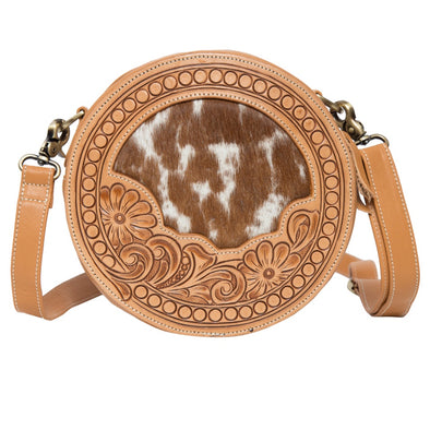 Cassidy Tan and White Hide Tooled Round Bag
