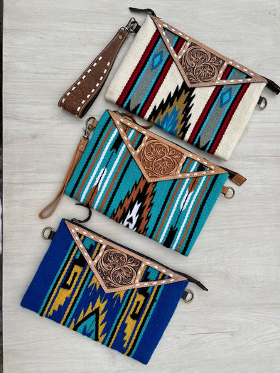 Saddle Blanket Clutch with Tooled Leather Detail