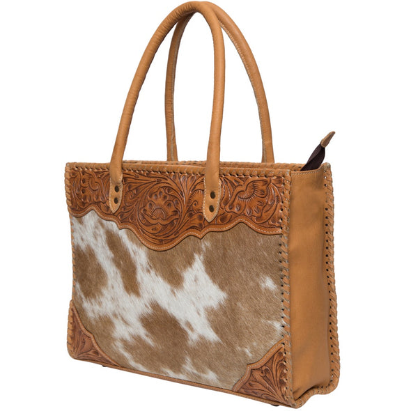 Dolly Tooled and Hide Handbag - Tan & White