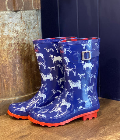 Thomas Cook Ladies Launceston  Gumboot - Navy/Red ( Dog Sketch)