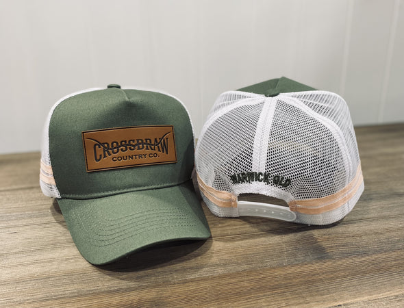 Crossdraw Country Co. Leather Patch High Profile Trucker Cap - Khaki/White