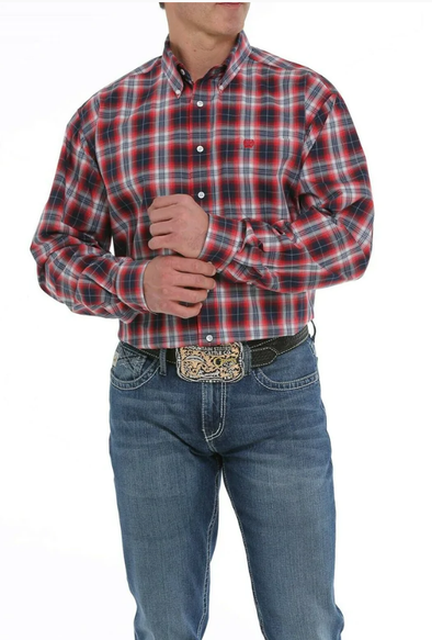 Cinch Men's Plaid Button Down L.S Shirt - Navy/Red/White