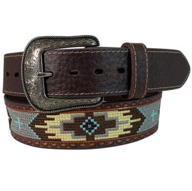 Roper Men's Belt - 1.5" Aztec Design Genuine Leather - Brown