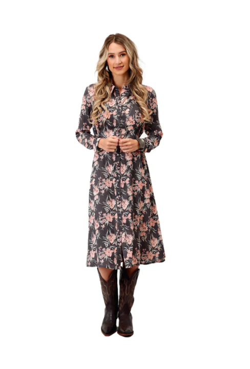 Roper Ladies Studio West Collection Floral L.S Dress - Brown