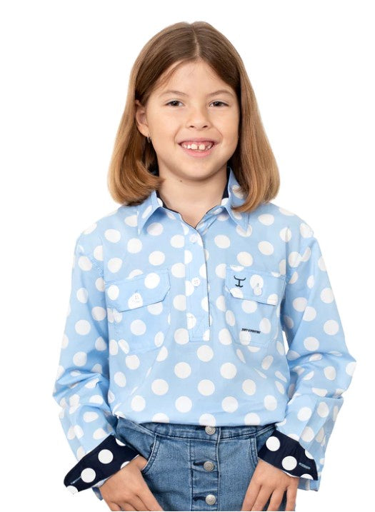 Just Country Girls HARPER 1/2 Button L.S Shirt - Light Blue Dotty (GWLS2202)