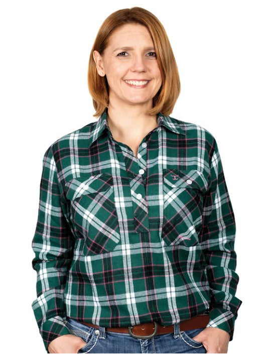 Just Country Jahna 1/2 Button Flannel Workshirt - Green / Pink