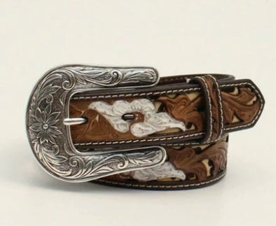 Nocona Girls Floral with Leopard Underlay Leather Belt - Brown & White