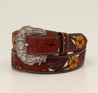 Nocona Ladies Red Floral Over Layed Belt with Yellow Florala