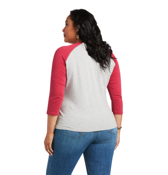 Ariat Ladies REAL Long Live 3/4 Sleeve Baseball Tee - Heather Grey/Red Bud - Curvy Fit