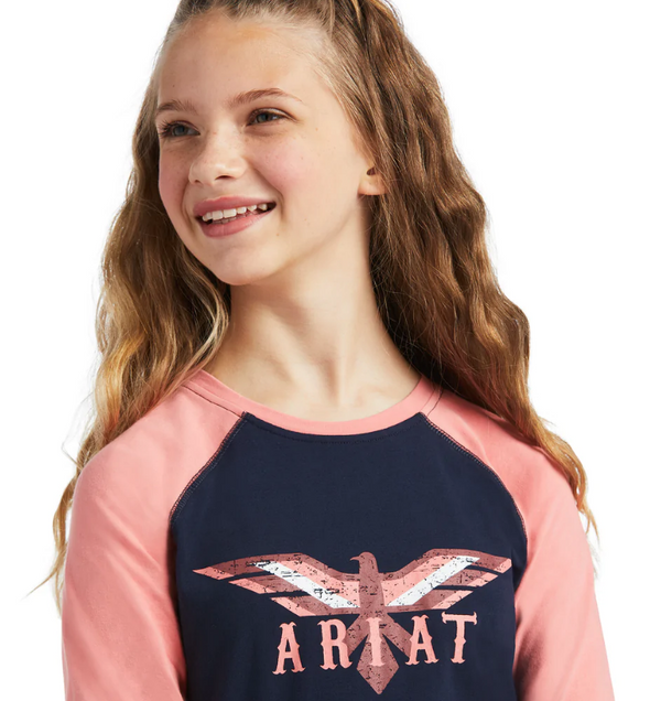 Ariat Girl's REAL Firebird L/S  Tee - Navy/Peach Blossom