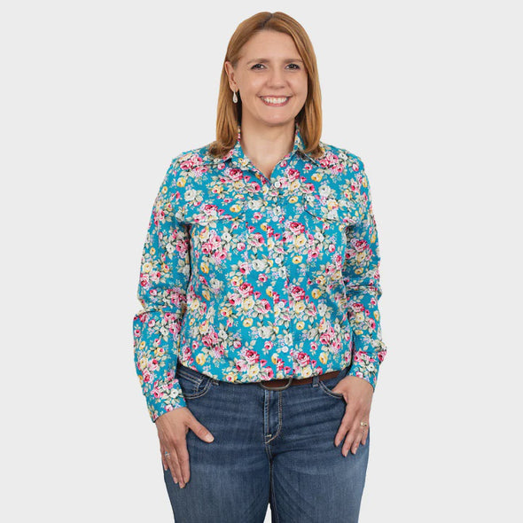 Just Country Abbey Full Button L.S Print Workshirt (WWLS2337) - Teal Peonies