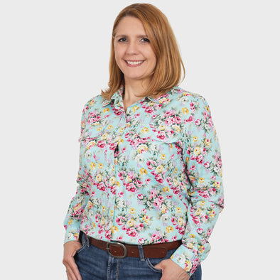 Just Country Ladies Abbey Full Button L/S Print Work Shirt - Mint Peonies
