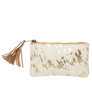 York White and Gold Hide Small Tassel Clutch