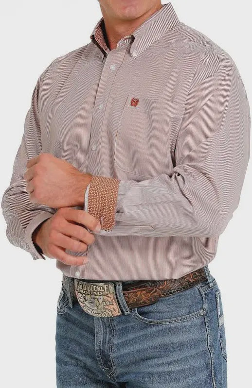 Cinch Men's Stripe Tencel L/S Shirt - Brown/White
