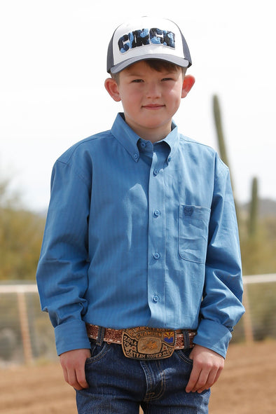 Cinch Boy's Herringbone Full Button L.S Western Shirt - Blue